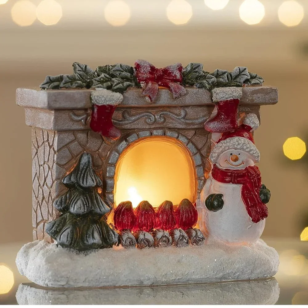 Polyester Resin Snowman Battery Powered Fireplace VP Home Christmas